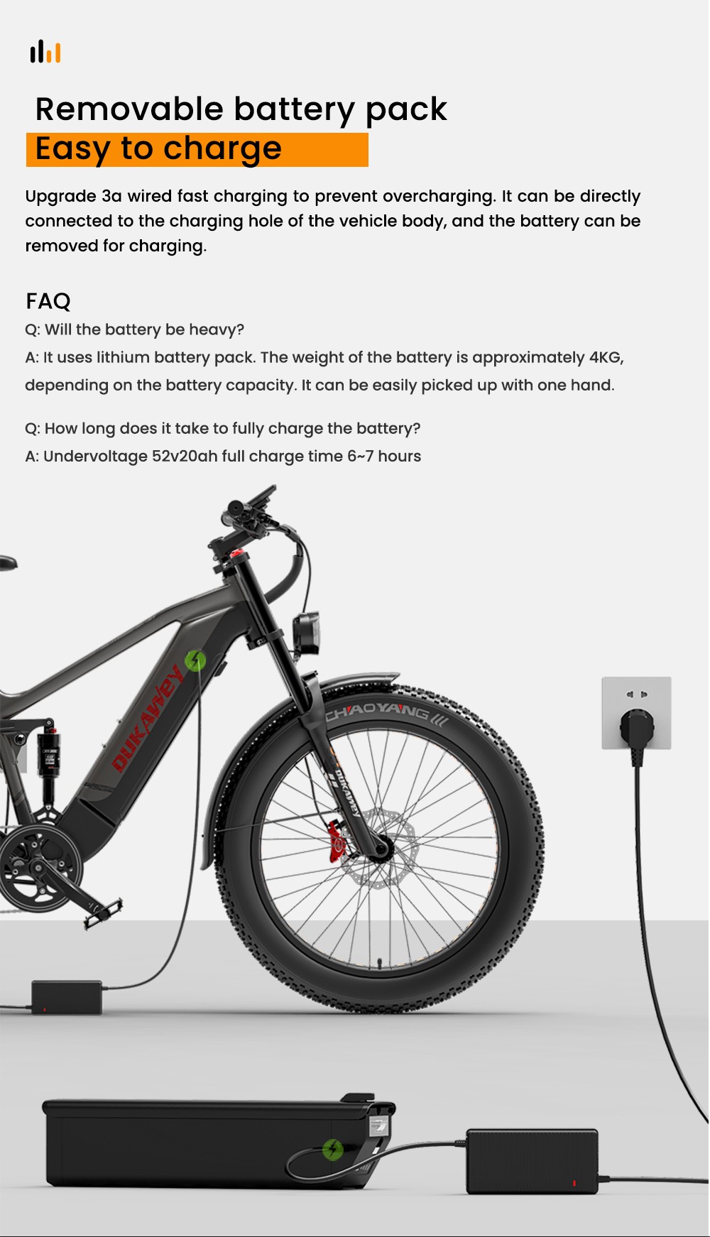 LANKELEISI Silvertip8 Electric Bike, 1000W motor, 52V 20Ah batéria, 26*4 palcové pneumatiky, max. rýchlosť 52 km/h, dojazd 150 km, hydraulické kotúčové brzdy, predné odpruženie olejovou pružinou & pneumatický zadný tlmič, Shimano 7 rýchlostí - čierno-oranžový