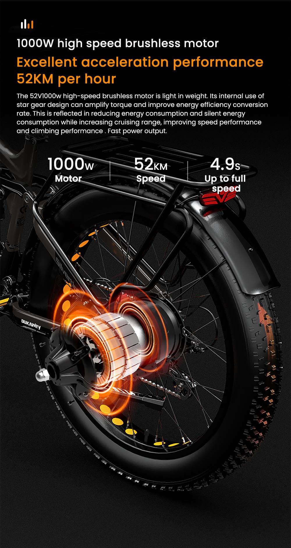 LANKELEISI Silvertip8 Electric Bike, 1000W motor, 52V 20Ah batéria, 26*4 palcové pneumatiky, max. rýchlosť 52 km/h, dojazd 150 km, hydraulické kotúčové brzdy, predné odpruženie olejovou pružinou & pneumatický zadný tlmič, Shimano 7 rýchlostí - čierno-oranžový