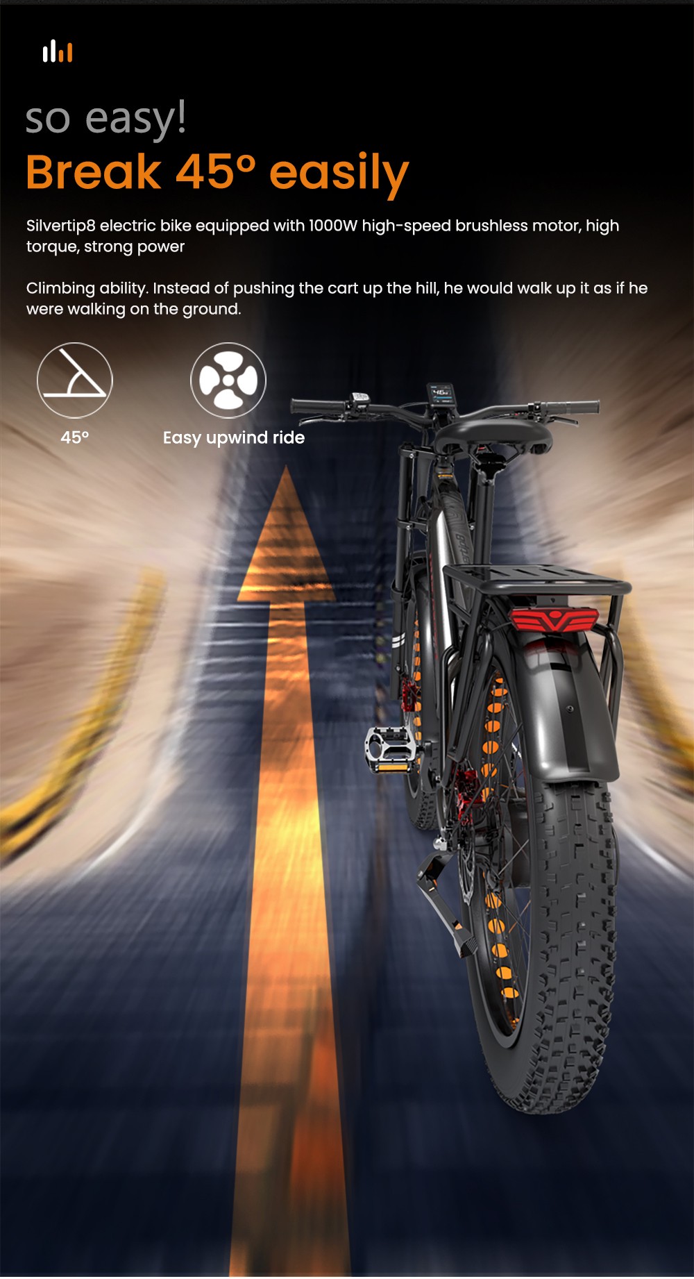 LANKELEISI Silvertip8 Electric Bike, 1000W motor, 52V 20Ah batéria, 26*4 palcové pneumatiky, max. rýchlosť 52 km/h, dojazd 150 km, hydraulické kotúčové brzdy, predné odpruženie olejovou pružinou & pneumatický zadný tlmič, Shimano 7 rýchlostí - čierno-oranžový
