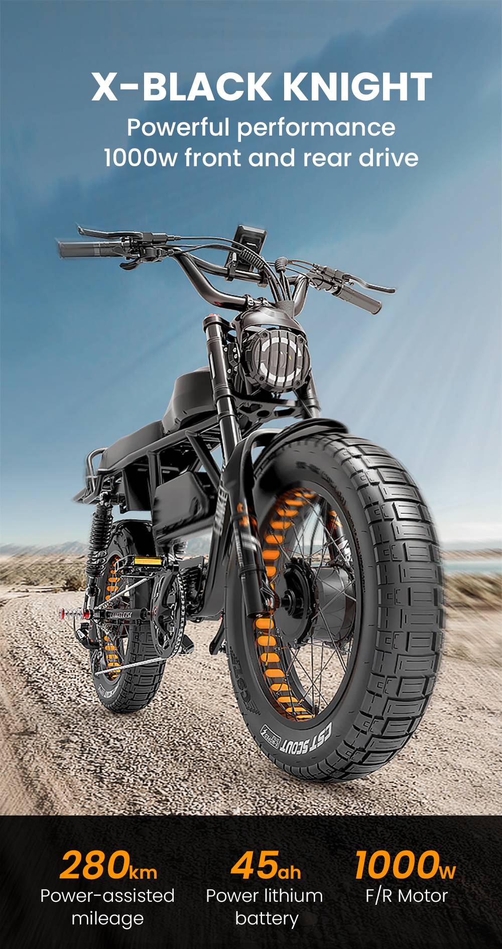 LANKELEISI X-Black Knight Electric Bike, 2*1000W Motor, 48V 20Ah &; 25Ah Battery, 20*4.0 palcové pneumatiky, max. rýchlosť 48 km/h, dojazd 280 km, hydraulické kotúčové brzdy, olejové pružinové tlmiče, 7-stupňová prevodovka Shimano