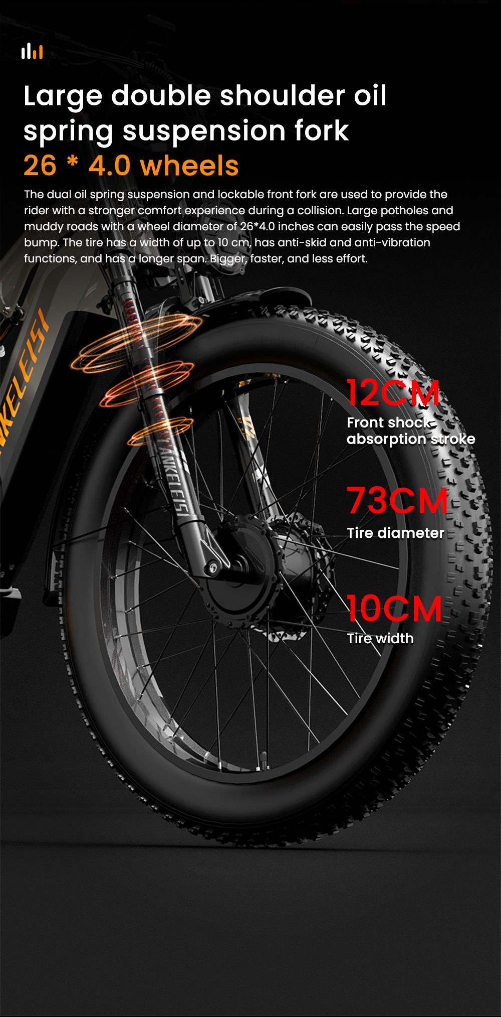 LANKELEISI MG800MAX Elektrobicykel, 1000W*2 motor, 48V 20Ah batéria, 26*4.0 palcové pneumatiky, max. rýchlosť 48 km/h, dojazd 130 km, hydraulické kotúčové brzdy, predné odpruženie olejovou pružinou & pneumatický zadný tlmič, Shimano 7-rýchlostný - oranžový