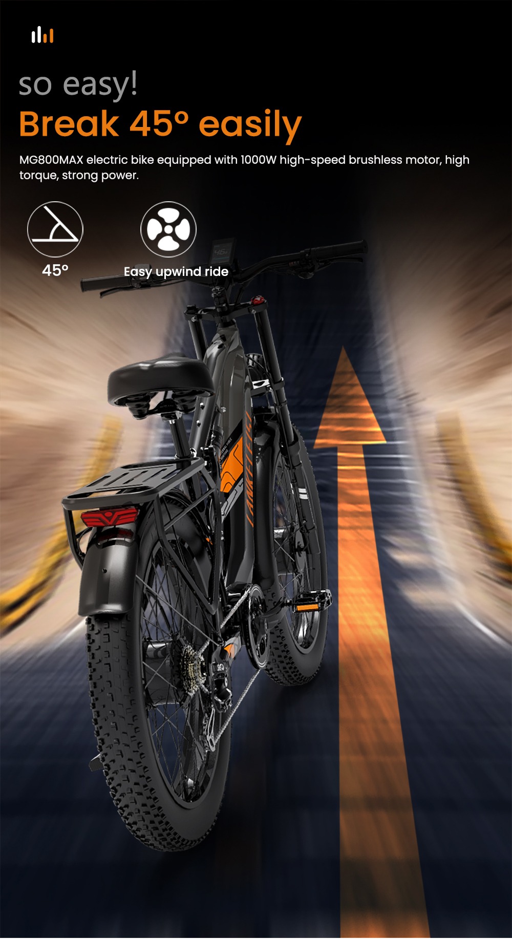LANKELEISI MG800MAX Elektrobicykel, 1000W*2 motor, 48V 20Ah batéria, 26*4.0 palcové pneumatiky, max. rýchlosť 48 km/h, dojazd 130 km, hydraulické kotúčové brzdy, predné odpruženie olejovou pružinou & pneumatický zadný tlmič, Shimano 7 rýchlostí - oranžová