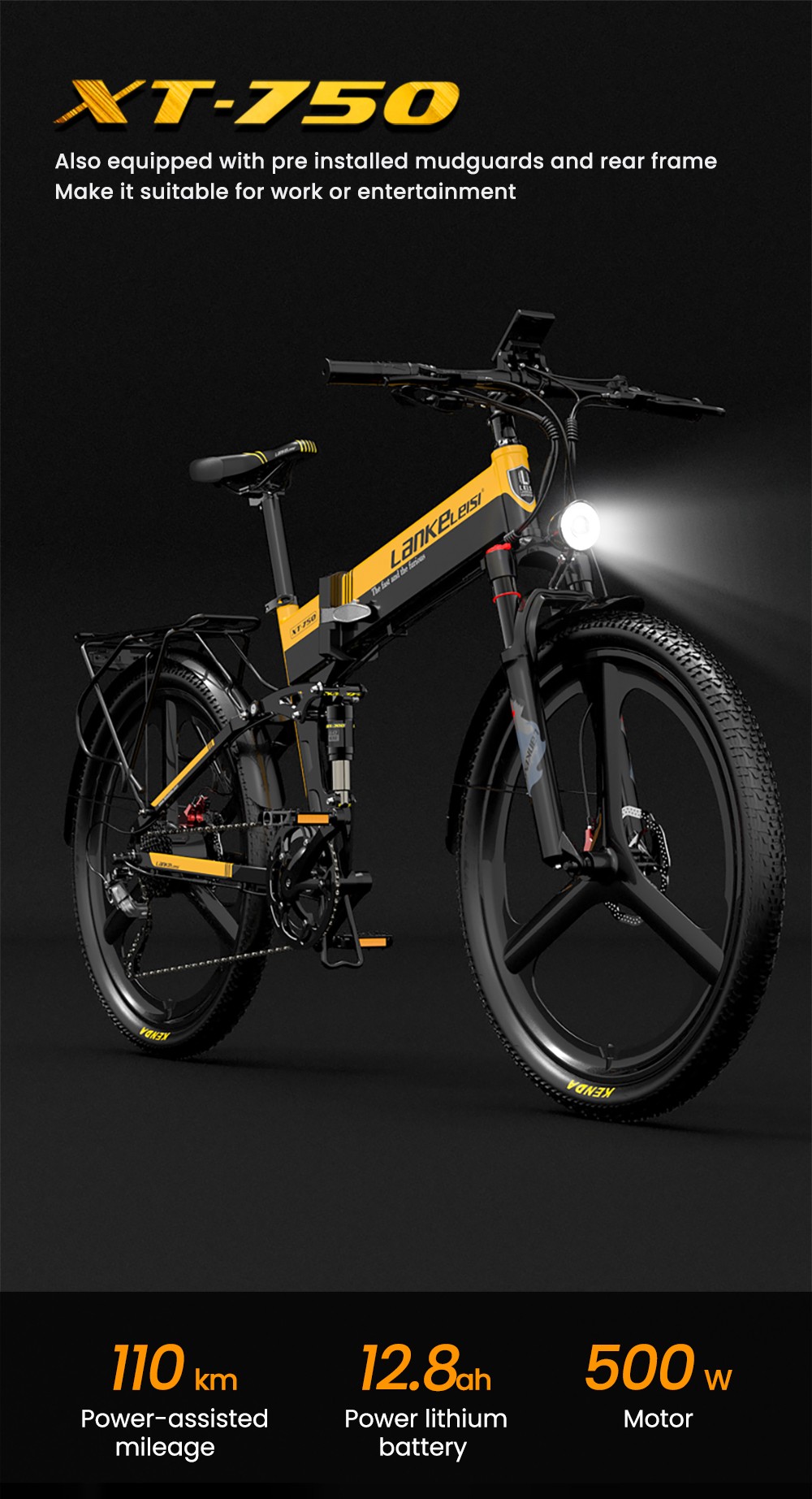 LANKELEISI XT750 Sports Version Electric Bike, 500W Motor, 48V 12.8Ah batéria, 26 palcové pneumatiky, max. rýchlosť 35 km/h, dojazd 110 km, hydraulické kotúčové brzdy, predné & zadné odpruženie olejovou pružinou, Shimano 9-rýchlostný - žltý