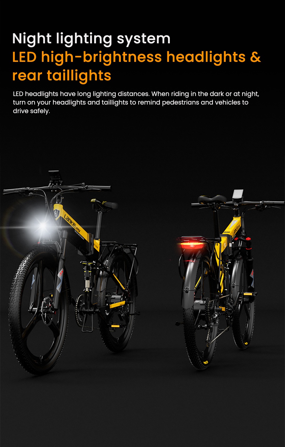 LANKELEISI XT750 Sports Version Electric Bike, 500W Motor, 48V 12.8Ah batéria, 26 palcové pneumatiky, max. rýchlosť 35km/h, dojazd 110km, hydraulické kotúčové brzdy, predné & zadné odpruženie olejovou pružinou, Shimano 9 rýchlostí - žltá