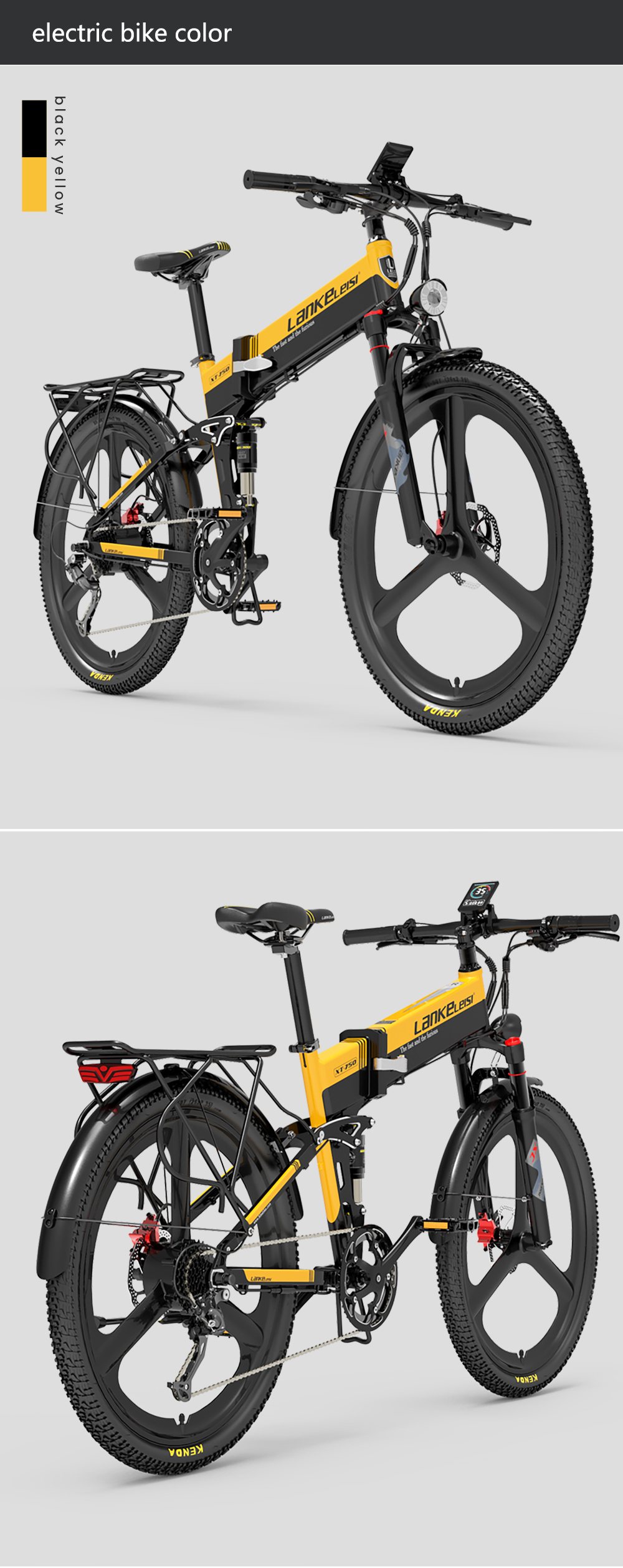 LANKELEISI XT750 Sports Version Electric Bike, 500W Motor, 48V 12.8Ah batéria, 26 palcové pneumatiky, max. rýchlosť 35km/h, dojazd 110km, hydraulické kotúčové brzdy, predné & zadné odpruženie olejovou pružinou, Shimano 9 rýchlostí - žltá