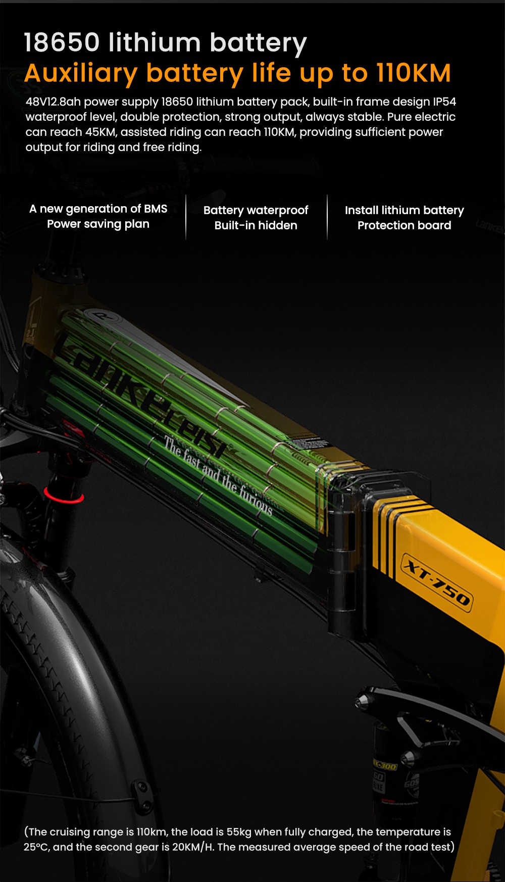 LANKELEISI XT750 Sports Version Electric Bike, 500W Motor, 48V 12.8Ah batéria, 26 palcové pneumatiky, max. rýchlosť 35km/h, dojazd 110km, hydraulické kotúčové brzdy, predné & zadné odpruženie olejovou pružinou, Shimano 9 rýchlostí - žltá