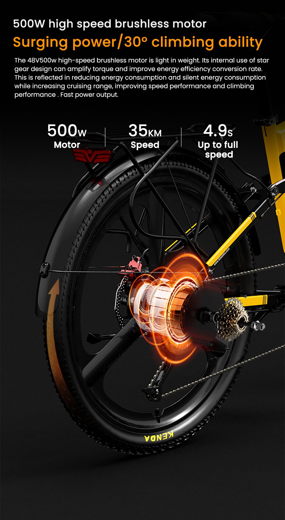 LANKELEISI XT750 Sports Version Electric Bike, 500W Motor, 48V 12.8Ah batéria, 26 palcové pneumatiky, max. rýchlosť 35km/h, dojazd 110km, hydraulické kotúčové brzdy, predné & zadné odpruženie olejovou pružinou, Shimano 9 rýchlostí - žltá
