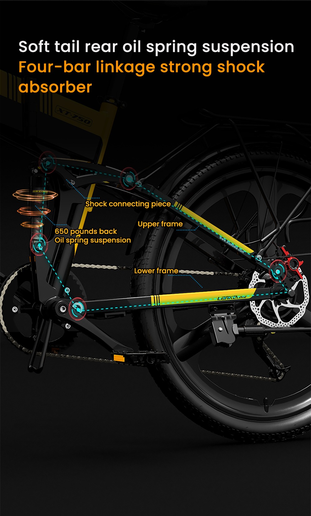LANKELEISI XT750 Sports Version Electric Bike, 500W Motor, 48V 12.8Ah batéria, 26 palcové pneumatiky, max. rýchlosť 35 km/h, dojazd 110 km, hydraulické kotúčové brzdy, predné & zadné odpruženie olejovou pružinou, Shimano 9 rýchlostí - žltá