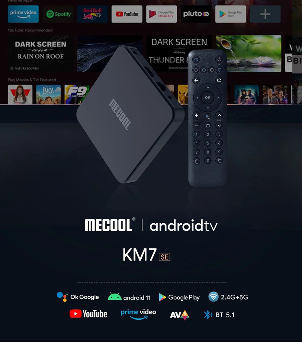 MECOOL KM7 SE Android 11 TV Box, Amlogic S905Y4, 2GB RAM 32GB ROM, 2.5G/5G WIFI 6 Bluetooth 5.1, Built-in Chromecast, Google Play & Google Assistant, 1*HDMI, 1*TF Card, 2*USB2.0, 1*AV, 1*RJ45 - EU Plug