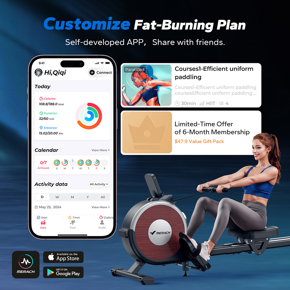 MERACH Q1S Magnetic Rowing Machine, 16-Level Resistance, 350lbs Capacity, Dual Rail, LCD Monitor, App Compatible, Electric Adjustment, Black