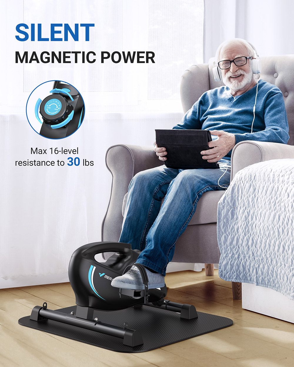 MERACH S04 Under Desk Bike Pedal Exerciser, magnetický minibicykel s aplikáciou, rehabilitácia rúk a nôh, odporové pásy a podložka v balení, čierny