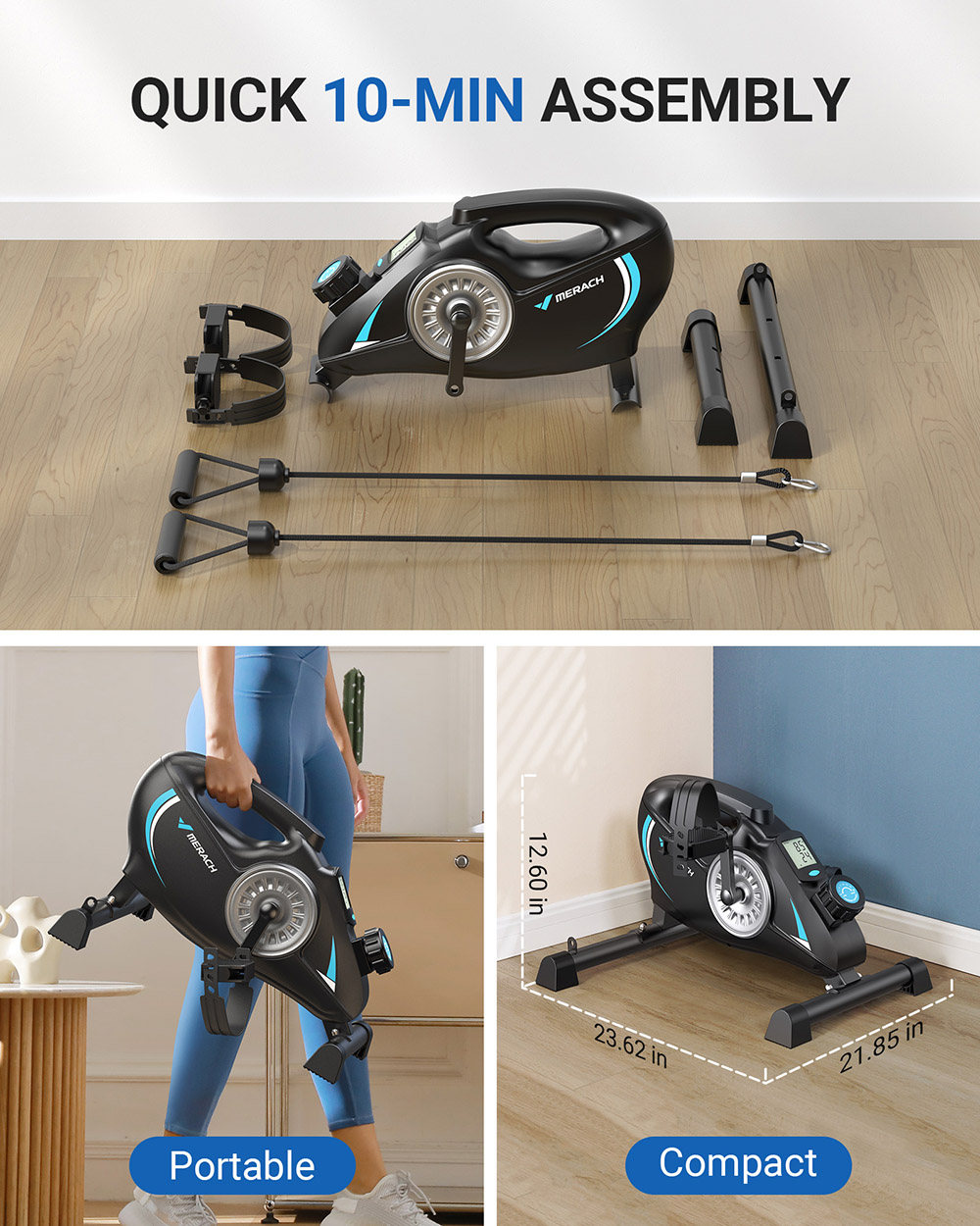 MERACH S04 Under Desk Bike Pedal Exerciser, magnetický minibicykel s aplikáciou, rehabilitácia rúk a nôh, odporové pásy a podložka v balení, čierny