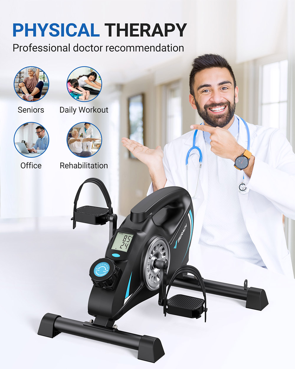 MERACH S04 Under Desk Bike Pedal Exerciser, magnetický minibicykel s aplikáciou, rehabilitácia rúk a nôh, odporové pásy a podložka v balení, čierny