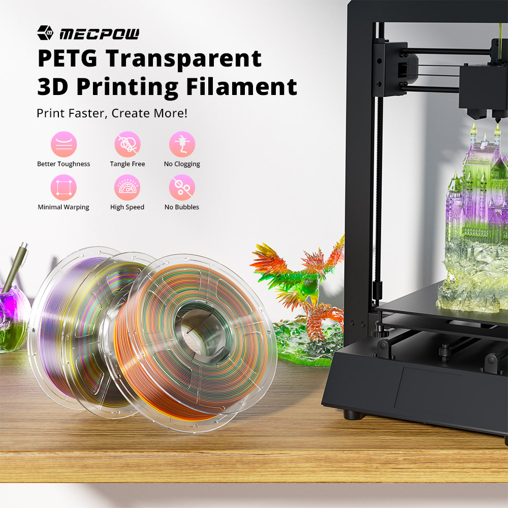 Mecpow Filament PETG, 1kg - Arc-en-Ciel Transparent Style 2