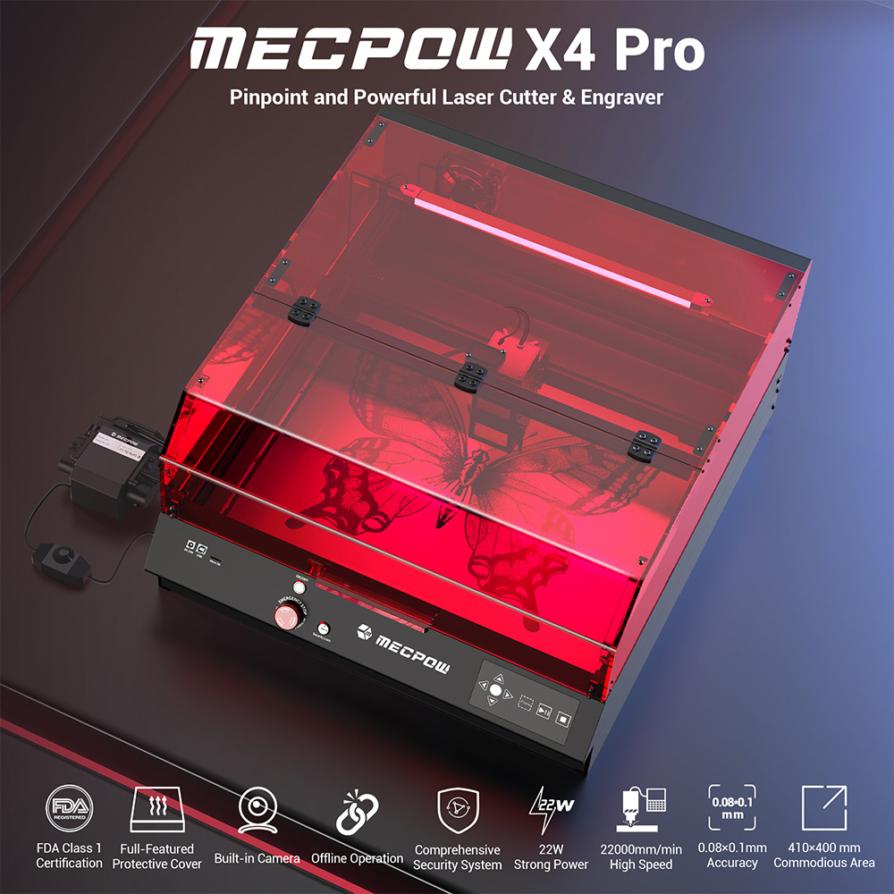 Refurbished Mecpow X4 Pro 22W Laser Engraving Machine with Built-in Camera, Acrylic protective cover and FDA Class 1 Certification