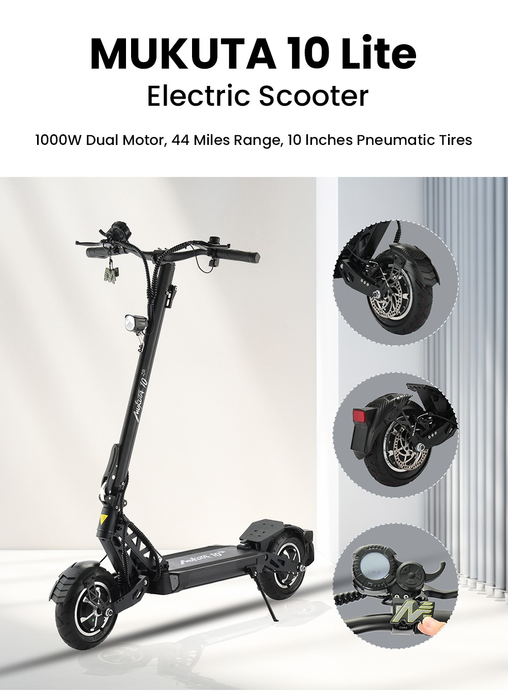 Mukuta 10 Lite Electric Scooter, 1000W*2 Motor, 52V 18.2Ah Battery, 10 inch Tires, 37mph Max Speed, 44 miles Range, Disc Brakes, Front & Rear Spring Suspension, LCD Display