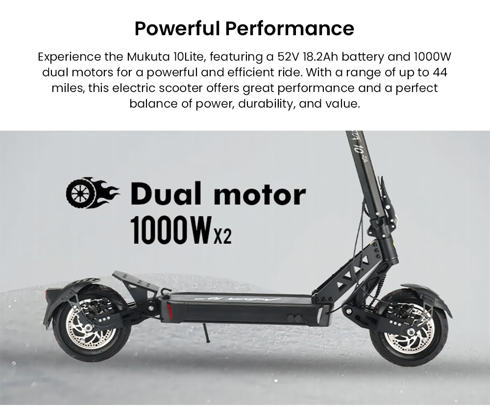 Mukuta 10 Lite Electric Scooter, 1000W*2 Motor, 52V 18.2Ah Battery, 10 inch Tires, 37mph Max Speed, 44 miles Range, Disc Brakes, Front & Rear Spring Suspension, LCD Display