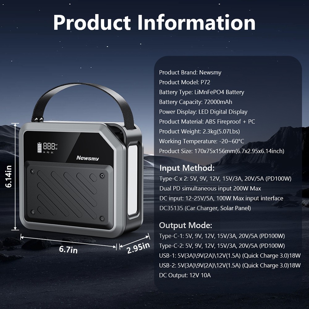 NEWSMY P72 Prenosná napájacia stanica, 268W 270Wh/72000mAh LiMnFePO4 batéria s reflektorom, 2×100W USB-C PD, 5 výstupov
