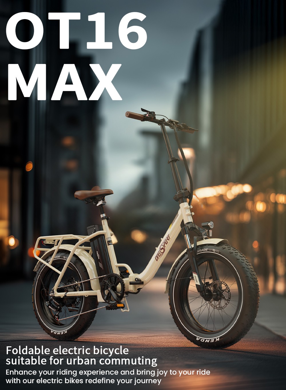 V&eacute;lo &eacute;lectrique Onesport OT16 Max, moteur 500 W, batterie 48 V 18 Ah, pneus 20 x 4 pouces, vitesse maximale 25 km/h, autonomie 120 km, freins &agrave; disque hydrauliques, fourche &agrave; suspension avant, Shimano 7 vitesses - Beige