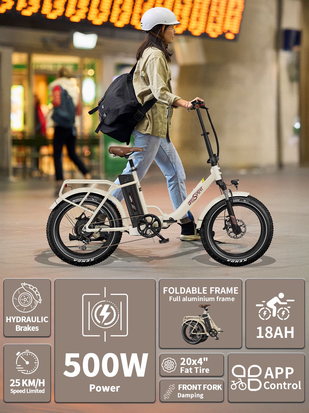V&eacute;lo &eacute;lectrique Onesport OT16 Max, moteur 500 W, batterie 48 V 18 Ah, pneus 20 x 4 pouces, vitesse maximale 25 km/h, autonomie 120 km, freins &agrave; disque hydrauliques, fourche &agrave; suspension avant, Shimano 7 vitesses - Beige