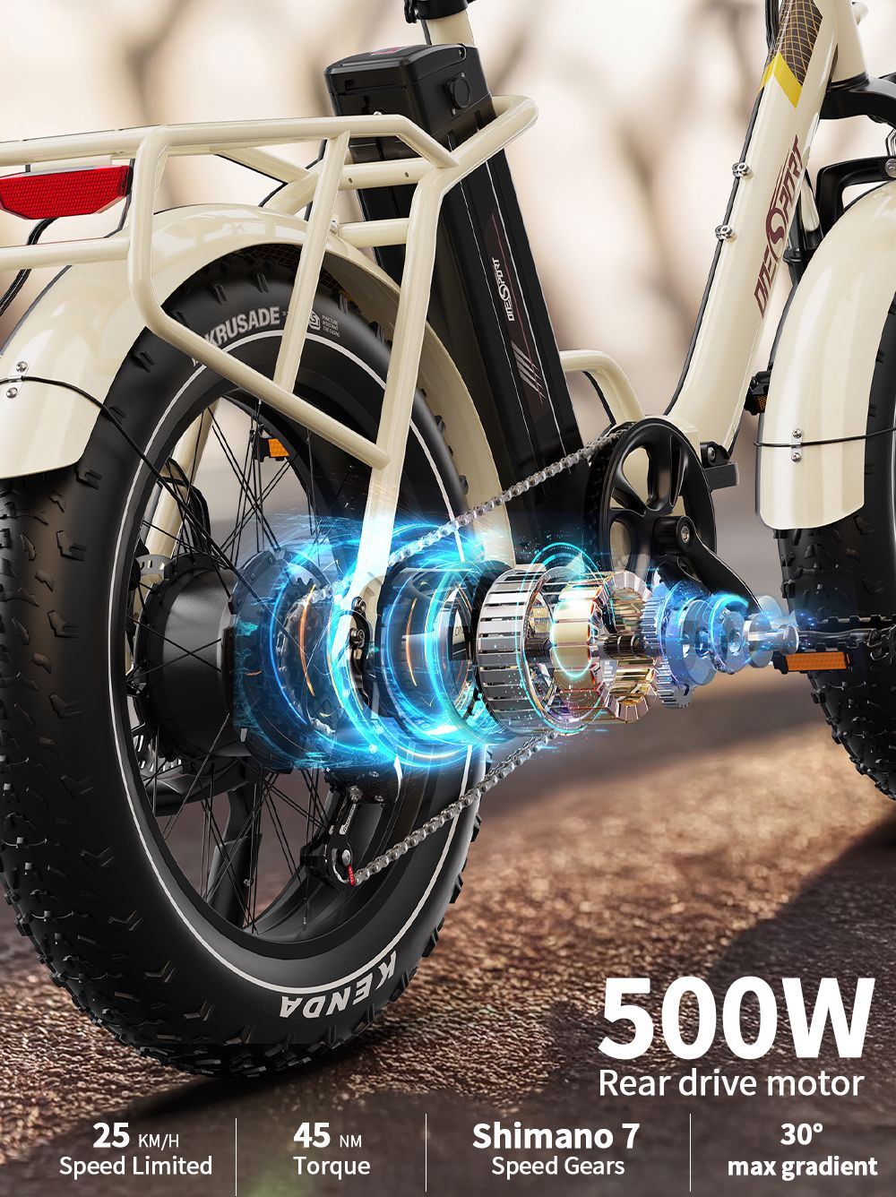 V&eacute;lo &eacute;lectrique Onesport OT16 Max, moteur 500 W, batterie 48 V 18 Ah, pneus 20 x 4 pouces, vitesse maximale 25 km/h, autonomie 120 km, freins &agrave; disque hydrauliques, fourche &agrave; suspension avant, Shimano 7 vitesses - Beige
