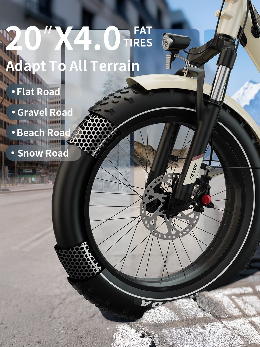 V&eacute;lo &eacute;lectrique Onesport OT16 Max, moteur 500 W, batterie 48 V 18 Ah, pneus 20 x 4 pouces, vitesse maximale 25 km/h, autonomie 120 km, freins &agrave; disque hydrauliques, fourche &agrave; suspension avant, Shimano 7 vitesses - Beige