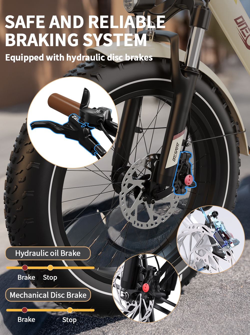 V&eacute;lo &eacute;lectrique Onesport OT16 Max, moteur 500 W, batterie 48 V 18 Ah, pneus 20 x 4 pouces, vitesse maximale 25 km/h, autonomie 120 km, freins &agrave; disque hydrauliques, fourche &agrave; suspension avant, Shimano 7 vitesses - Beige