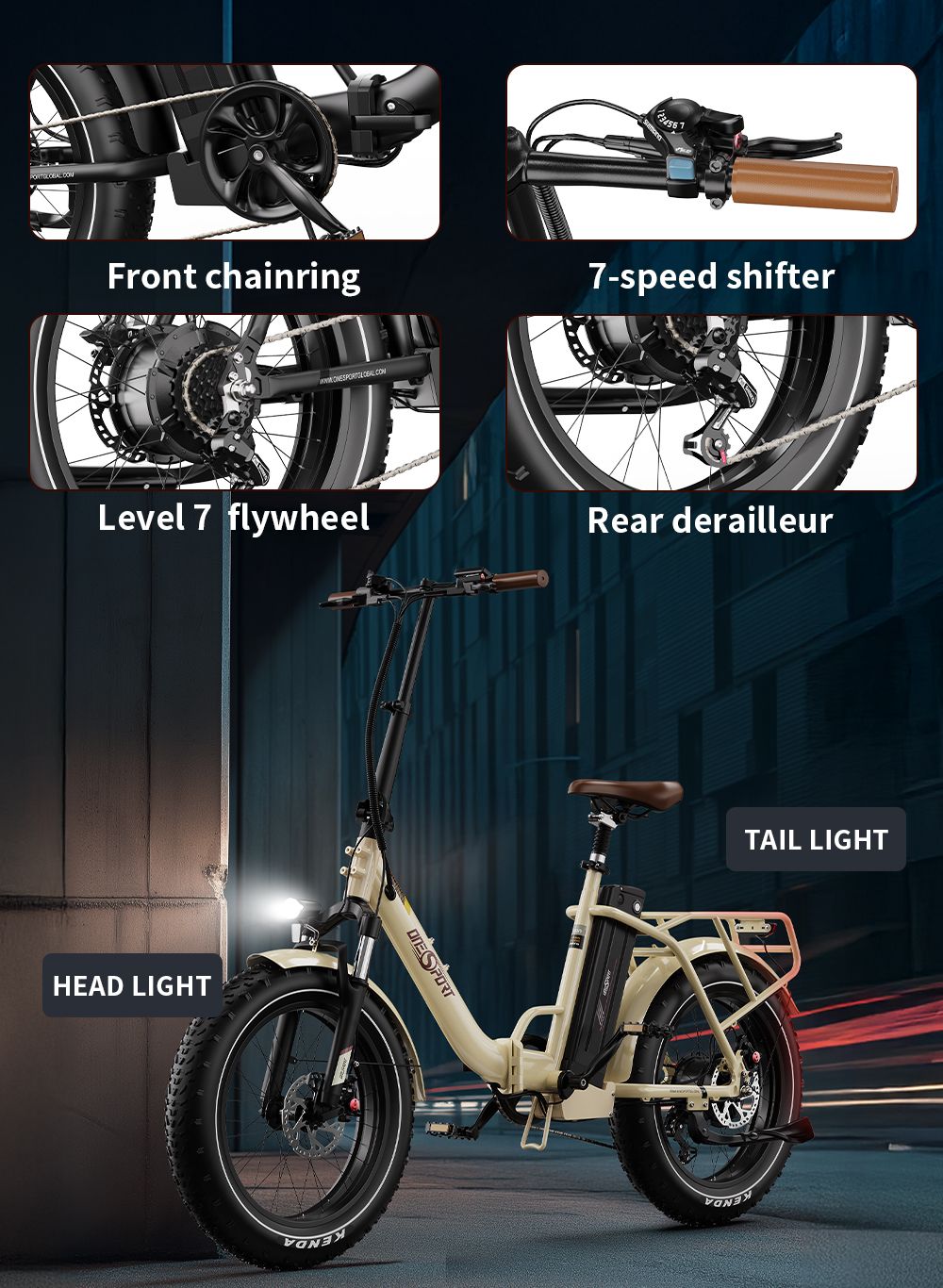 V&eacute;lo &eacute;lectrique Onesport OT16 Max, moteur 500 W, batterie 48 V 18 Ah, pneus 20 x 4 pouces, vitesse maximale 25 km/h, autonomie 120 km, freins &agrave; disque hydrauliques, fourche &agrave; suspension avant, Shimano 7 vitesses - Beige