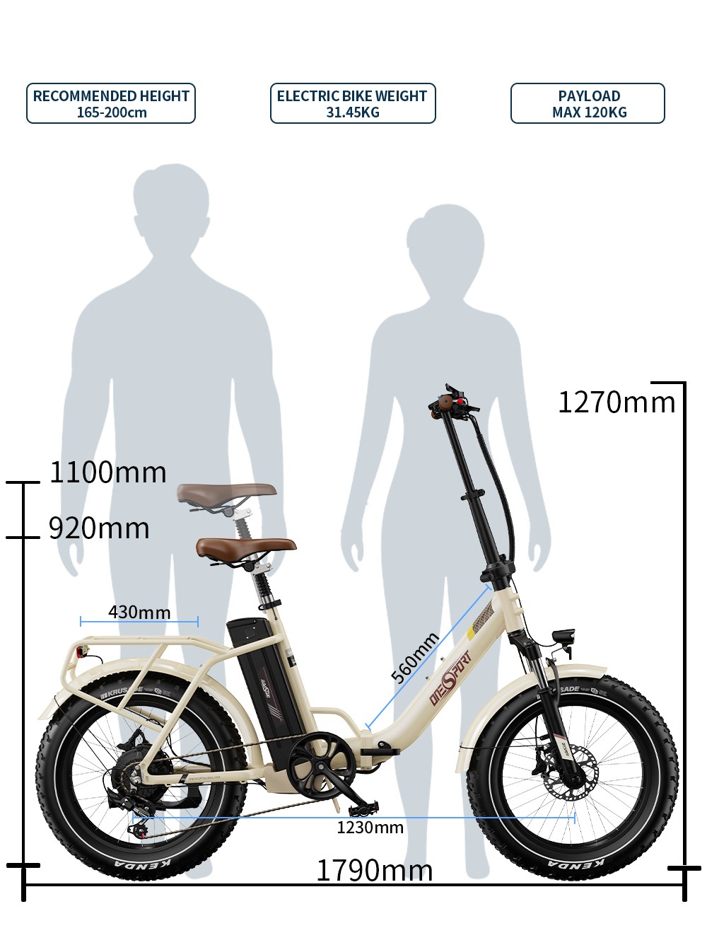 V&eacute;lo &eacute;lectrique Onesport OT16 Max, moteur 500 W, batterie 48 V 18 Ah, pneus 20 x 4 pouces, vitesse maximale 25 km/h, autonomie 120 km, freins &agrave; disque hydrauliques, fourche &agrave; suspension avant, Shimano 7 vitesses - Beige