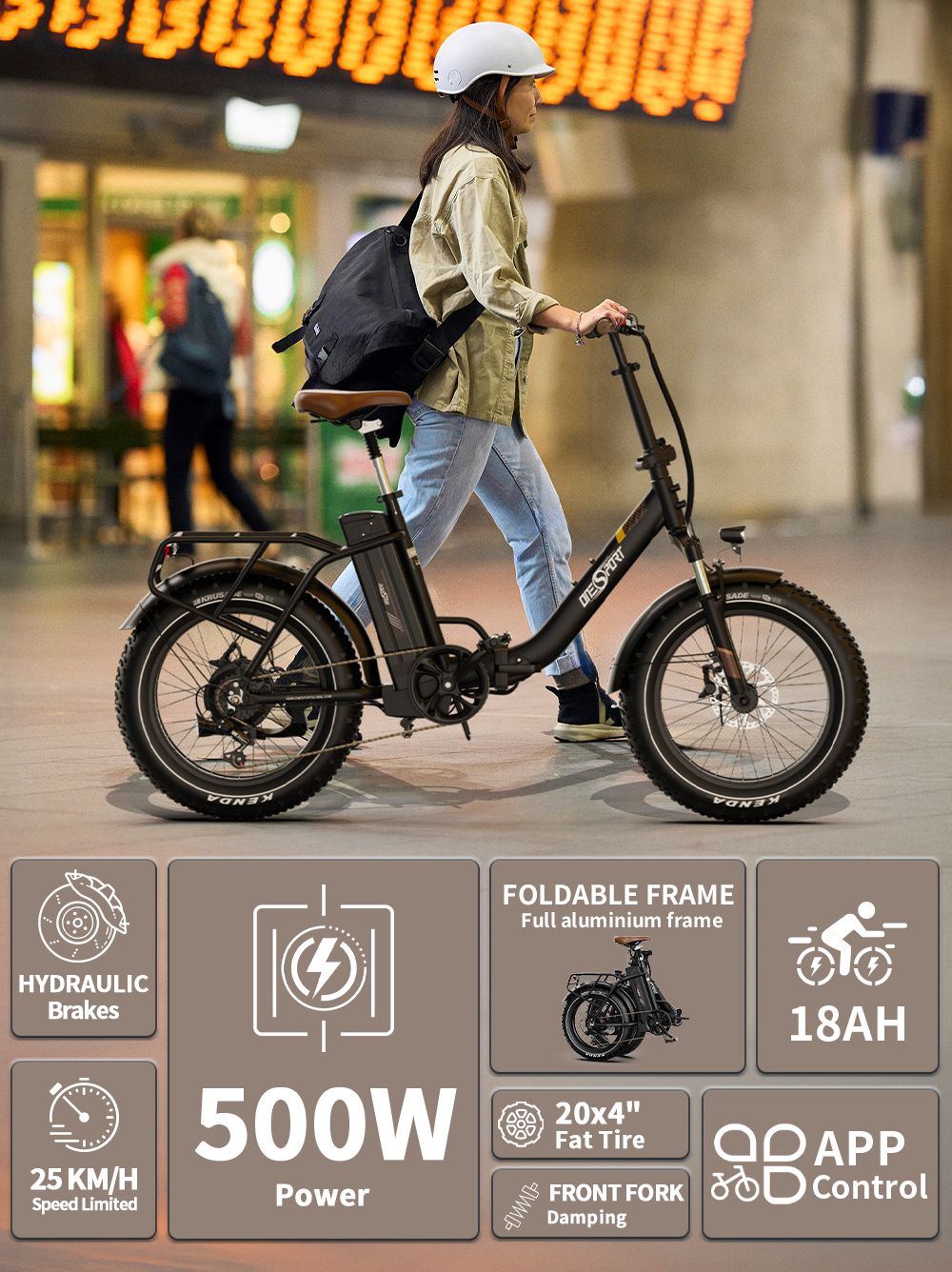 ONESPORT OT16 Max Electric Bike, 500W Motor, 48V 18Ah Battery, 20*4.0 palcové pneumatiky, max. rýchlosť 25 km/h, dojazd 120 km, hydraulické kotúčové brzdy, predná odpružená vidlica, Shimano 7 rýchlostí - čierno-hnedý