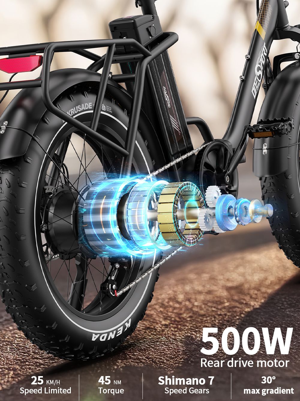 ONESPORT OT16 Max Electric Bike, 500W Motor, 48V 18Ah Battery, 20*4.0 palcové pneumatiky, max. rýchlosť 25 km/h, dojazd 120 km, hydraulické kotúčové brzdy, predná odpružená vidlica, Shimano 7 rýchlostí - čierno-hnedý