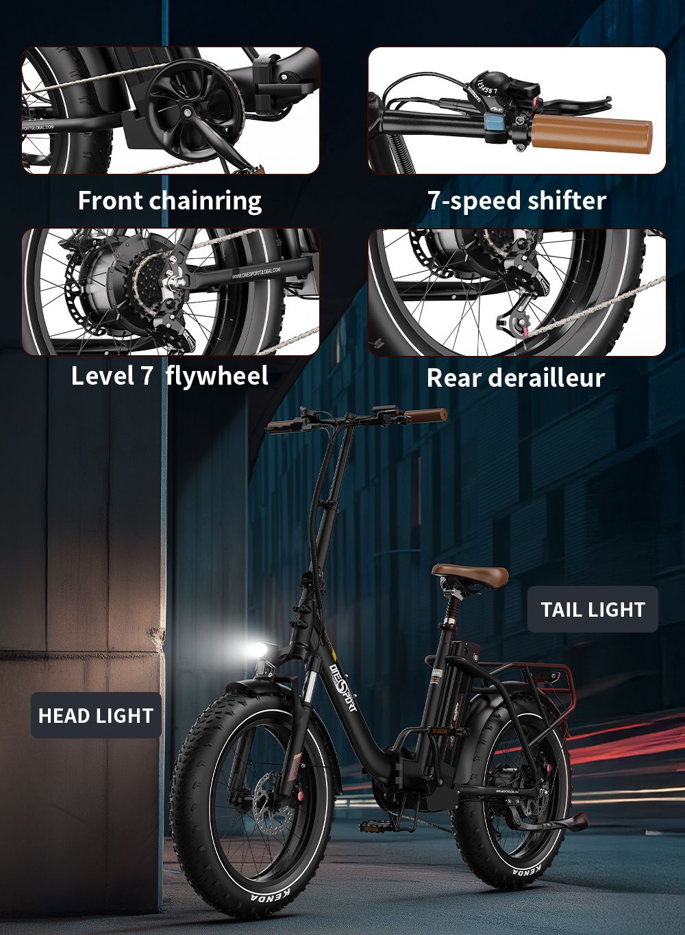 ONESPORT OT16 Max Electric Bike, 500W motor, 48V 18Ah batéria, 20*4.0 palcové pneumatiky, max. rýchlosť 25 km/h, dojazd 120 km, hydraulické kotúčové brzdy, predná odpružená vidlica, Shimano 7 rýchlostí - čierno-hnedý