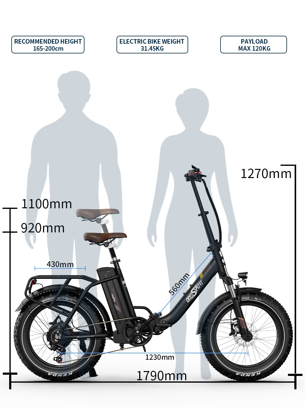 ONESPORT OT16 Max Electric Bike, 500W Motor, 48V 18Ah Battery, 20*4.0 palcové pneumatiky, max. rýchlosť 25 km/h, dojazd 120 km, hydraulické kotúčové brzdy, predná odpružená vidlica, Shimano 7 rýchlostí - čierno-hnedý