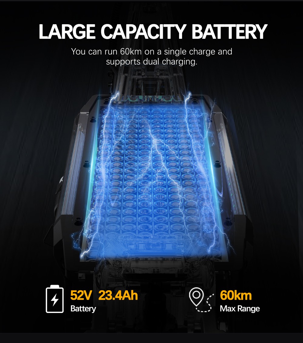 OOTD S30 Electric Scooter, 1200W*2 Motor, 52V 23.4Ah batéria, 10 palcové pneumatiky, max. rýchlosť 65 km/h, dojazd 60 km, predné a zadné hydraulické kotúčové brzdy, LCD displej