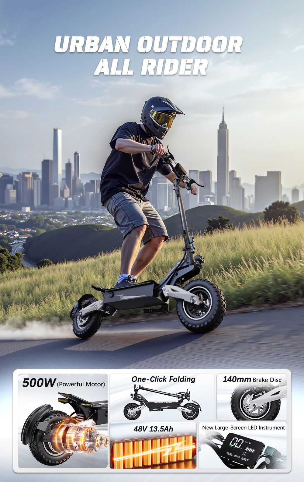Elektrický skúter OOTD T10, motor 500 W, batéria 48 V 13,5 Ah, 11-palcové pneumatiky, maximálna rýchlosť 50 km/h, dojazd 45 km, predné a zadné kotúčové brzdy, predný a zadný pružinový tlmič