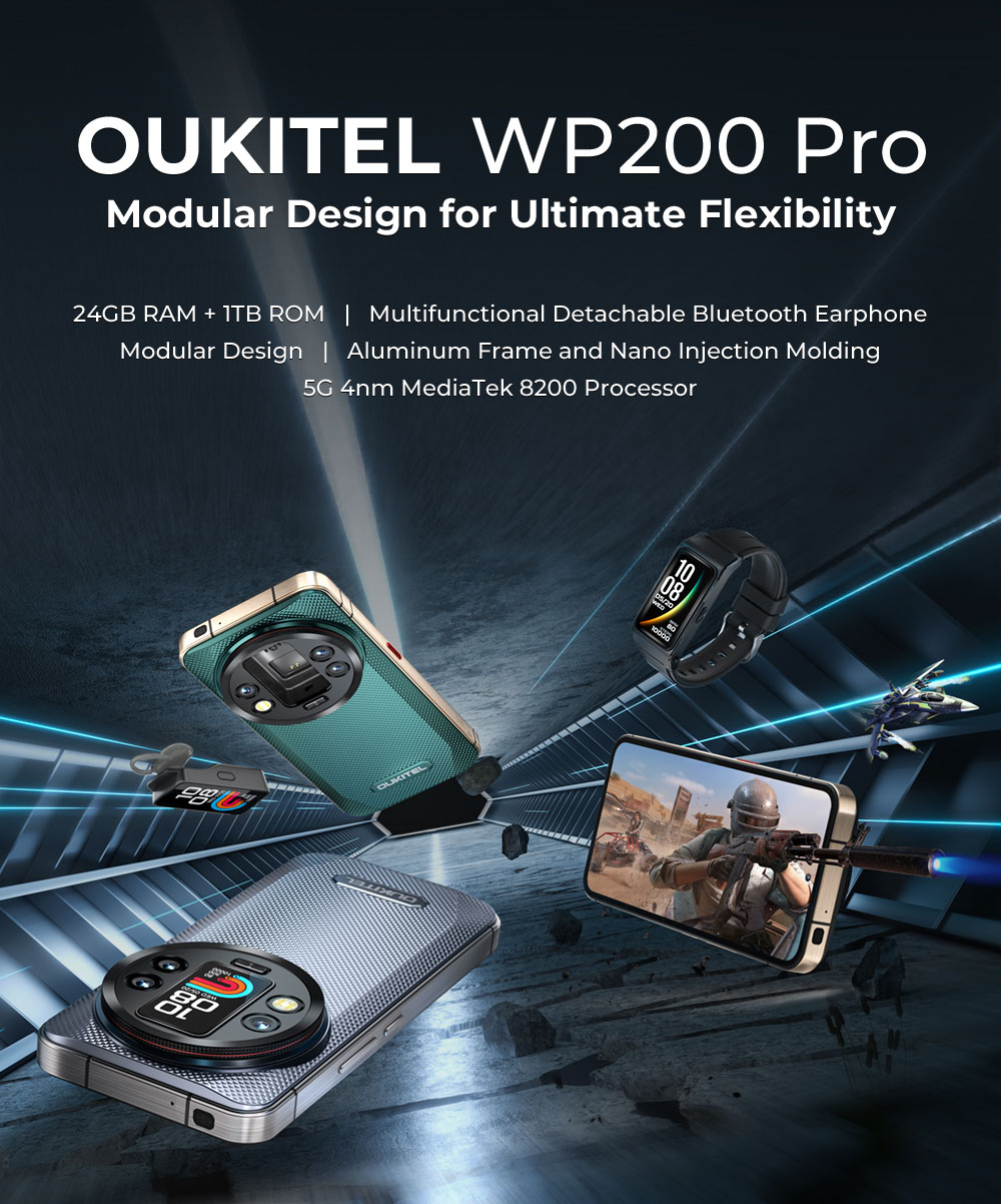 OUKITEL WP200 Pro 5G Robustný telefón, so slúchadlami/SmartWatch, 24GB+1TB, 6.7'' AMOLED, 108MP fotoaparát, 8800mAh batéria, Android 15, IP68, sivá