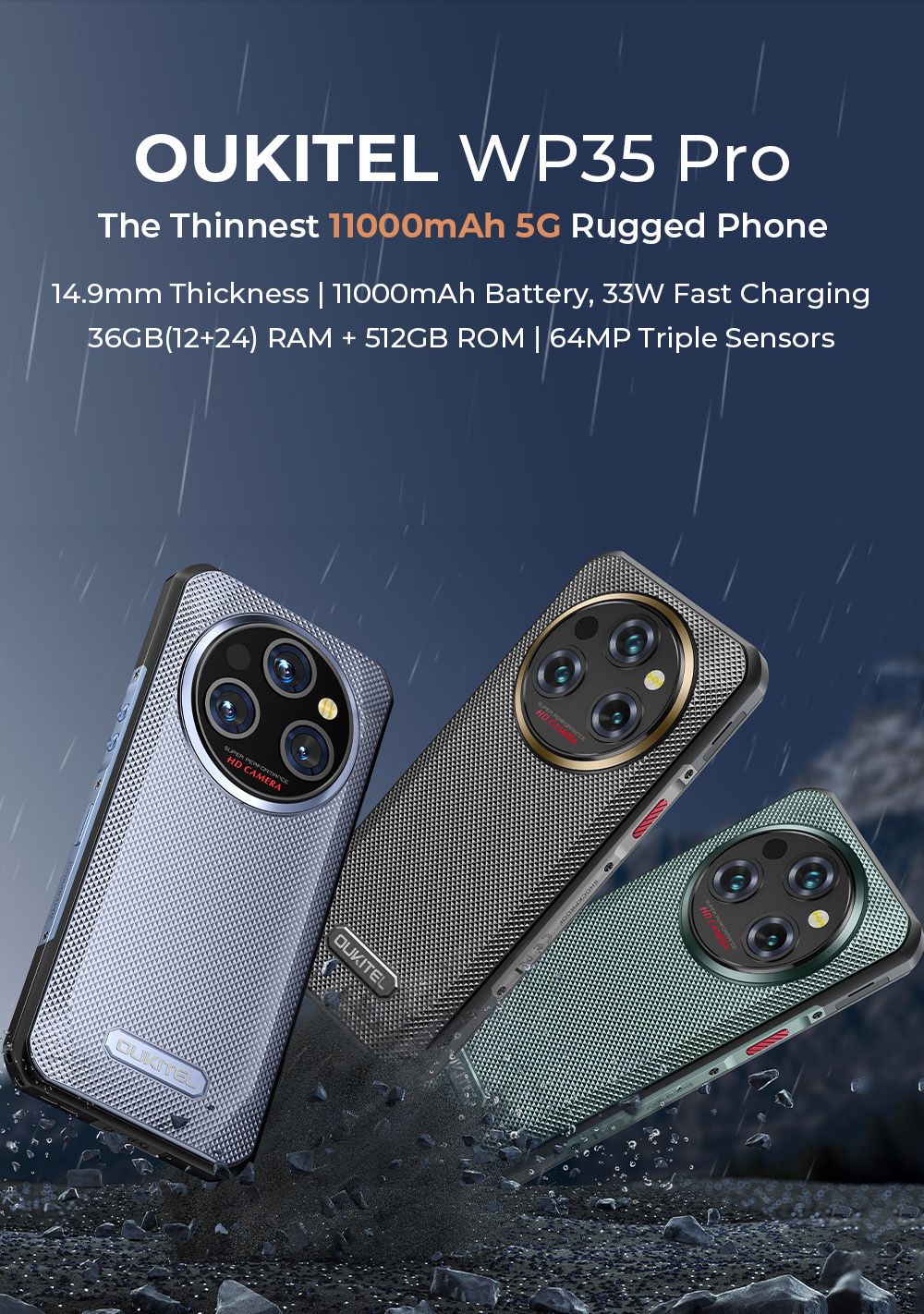OUKITEL WP35 Pro Odolný telefón, veľká batéria 11000 mAh, 6,6-palcová obrazovka FHD+, Dual Sim, 64MP+32MP fotoaparát, NFC/OTG/BT5.2/GPS, sivá