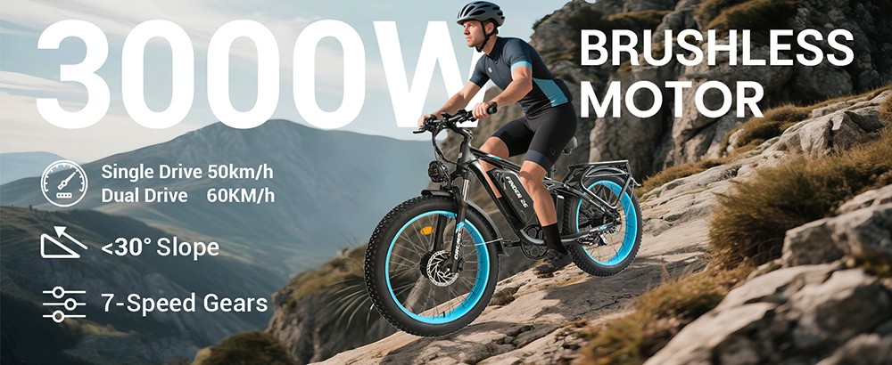 Orlms V3 Electric Bike, 1000W*2 Motor, 52V 25Ah Battery, 26*4.0 inch Tires, 26*4.0 inch Tires, 60km/h Max Speed, 120km Max Range, Hydraulic Brakes, Suspension Front Fork, 7-speed - Blue