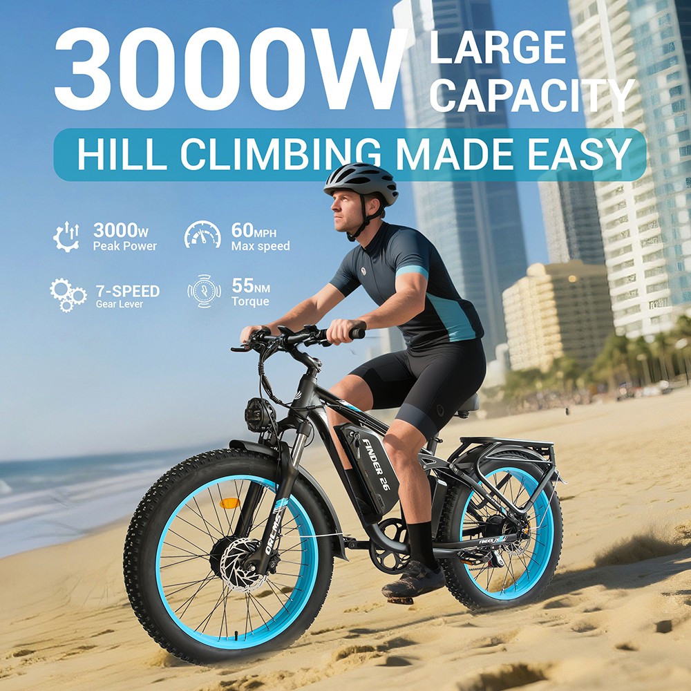 Orlms V3 Electric Bike, 1000W*2 motor, 52V 25Ah batéria, 26*4,0 palcové pneumatiky, 26*4.0 inch Tires, 60km/h Max Speed, 120km Max Range, Hydraulic Brakes, Suspension Front Fork, 7-speed - Blue