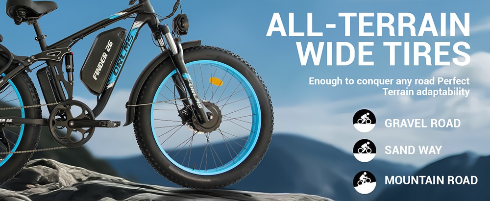 Orlms V3 Electric Bike, 1000W*2 Motor, 52V 25Ah Battery, 26*4.0 inch Tires, 26*4.0 inch Tires, 60km/h Max Speed, 120km Max Range, Hydraulic Brakes, Suspension Front Fork, 7-speed - Blue