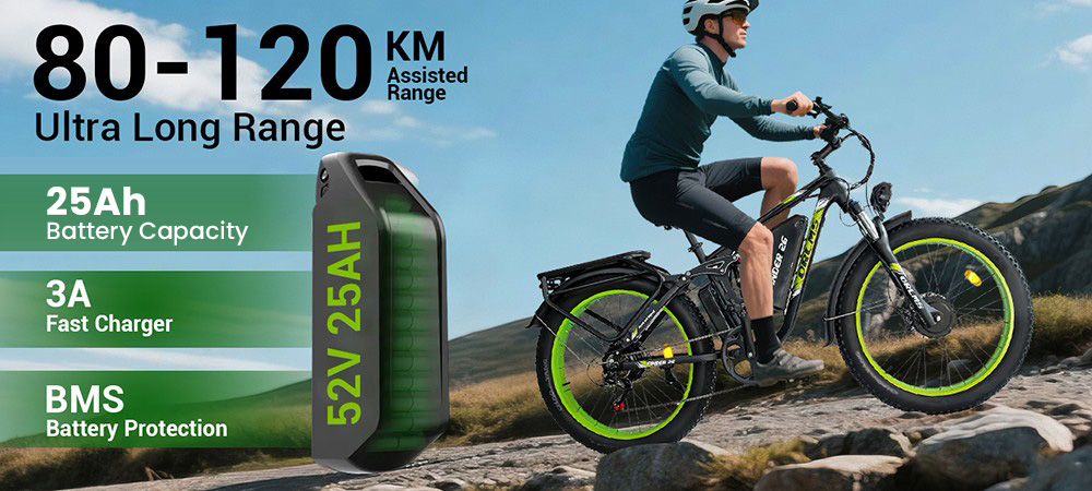 Orlms V3 Electric Bike, 1000W*2 Motor, 52V 25Ah Battery, 26*4.0 inch Tires, 26*4.0 inch Tires, 60km/h Max Speed, 120km Max Range, Hydraulic Brakes, Suspension Front Fork, 7-speed - Green