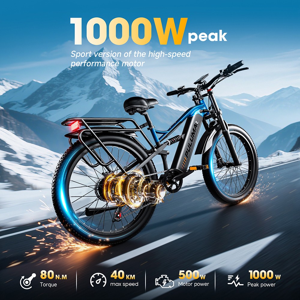 Elektrobicykel PULUMA PE86, 500W motor, 48V 20Ah batéria, 26-palcové pneumatiky, max. rýchlosť 40 km/h, dojazd 150 km, hydraulické brzdy, systém odpruženia olejovými pružinami, 7-rýchlostný systém Shimano, LCD displej, senzor krútiaceho momentu
