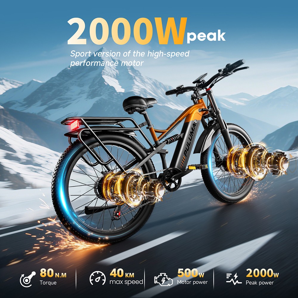 Elektrobicykel PULUMA PE86 Pro, 500W*2 motor, 48V 20Ah batéria, 26-palcové pneumatiky, max. rýchlosť 40 km/h, dojazd 150 km, hydraulické brzdy, systém odpruženia olejovými pružinami, 7-rýchlostný systém Shimano, LCD displej, senzor krútiaceho momentu
