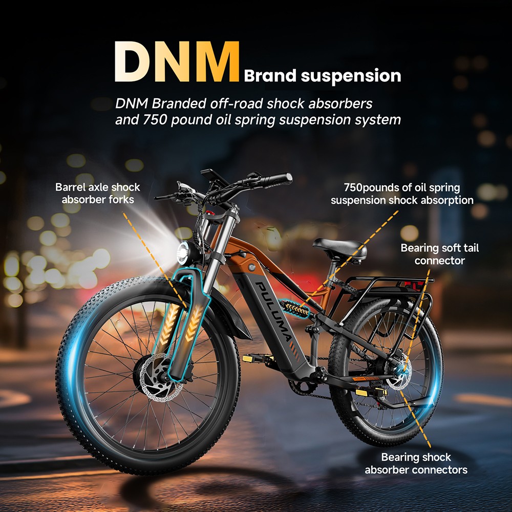 PULUMA PE86 Pro Electric Bike, 500W*2 motor, 48V 20Ah batéria, 26 palcové pneumatiky, max. rýchlosť 40 km/h, dojazd 150 km, hydraulické brzdy, systém odpruženia olejovými pružinami, 7-stupňová prevodovka Shimano, LCD displej, snímač krútiaceho momentu
