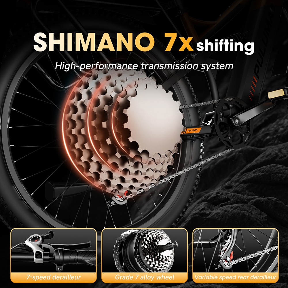 PULUMA PE86 Pro Electric Bike, 500W*2 motor, 48V 20Ah batéria, 26 palcové pneumatiky, max. rýchlosť 40 km/h, dojazd 150 km, hydraulické brzdy, systém odpruženia olejovými pružinami, 7-stupňová prevodovka Shimano, LCD displej, snímač krútiaceho momentu