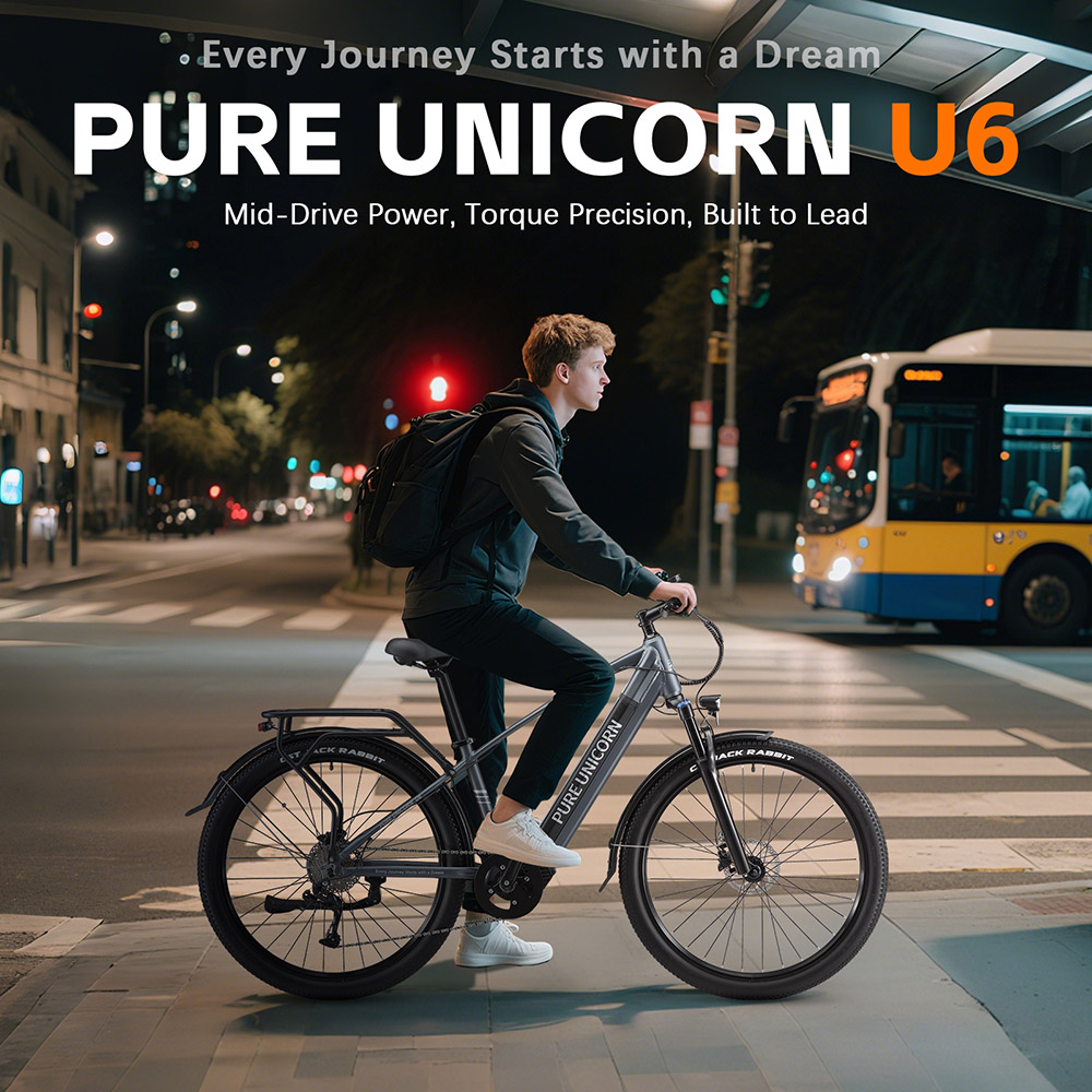 Elektrobicykel PURE UNICORN U6, 500W motor, 48V 14Ah batéria, 29-palcové pneumatiky, max. rýchlosť 35 km/h, dojazd 70 km, duálne hydraulické brzdy, predné vzduchové odpruženie, LCD displej, 9-stupňová prevodovka - sivá
