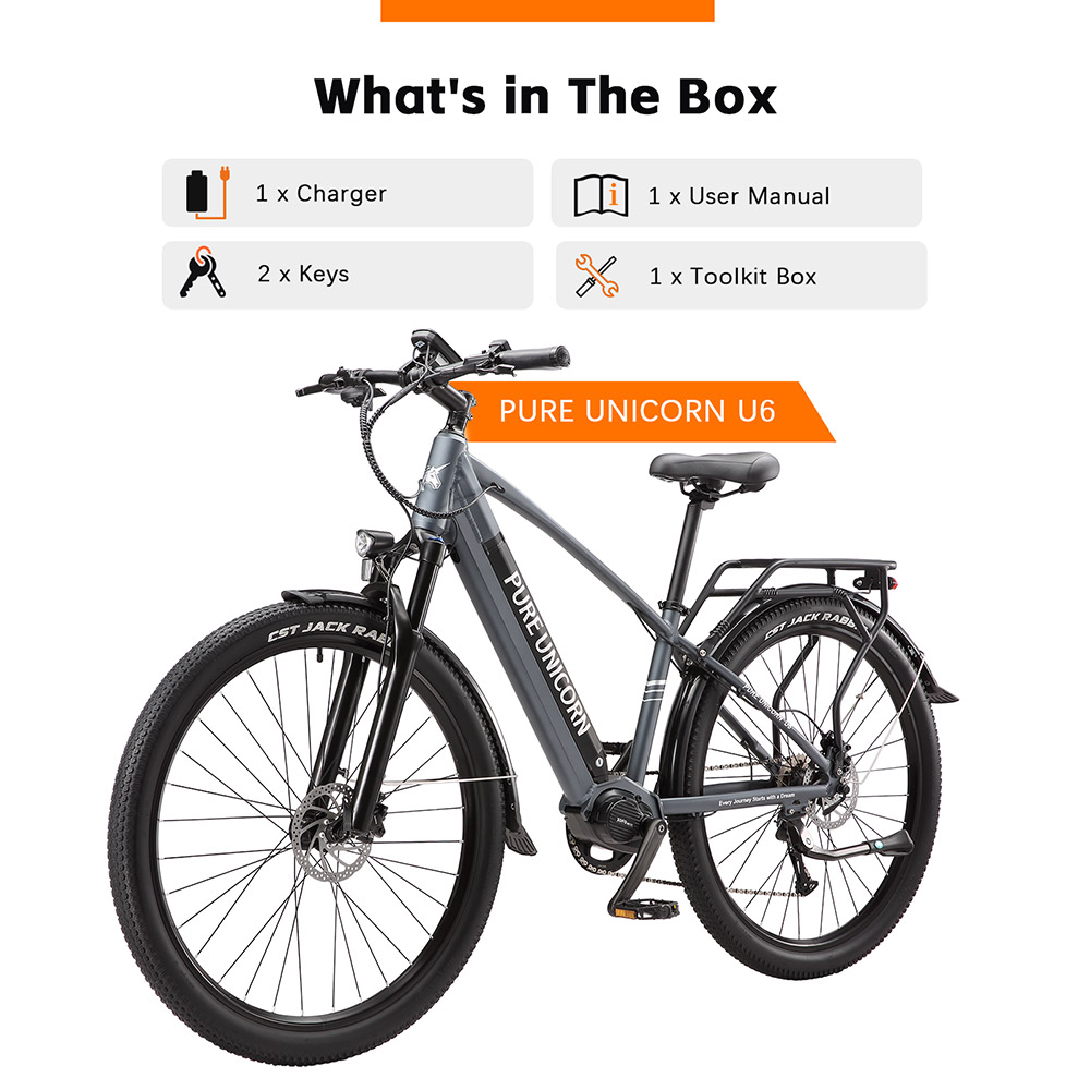 Elektrobicykel PURE UNICORN U6, 500W motor, 48V 14Ah batéria, 29-palcové pneumatiky, max. rýchlosť 35 km/h, dojazd 70 km, duálne hydraulické brzdy, predné vzduchové odpruženie, LCD displej, 9-stupňová prevodovka - sivá