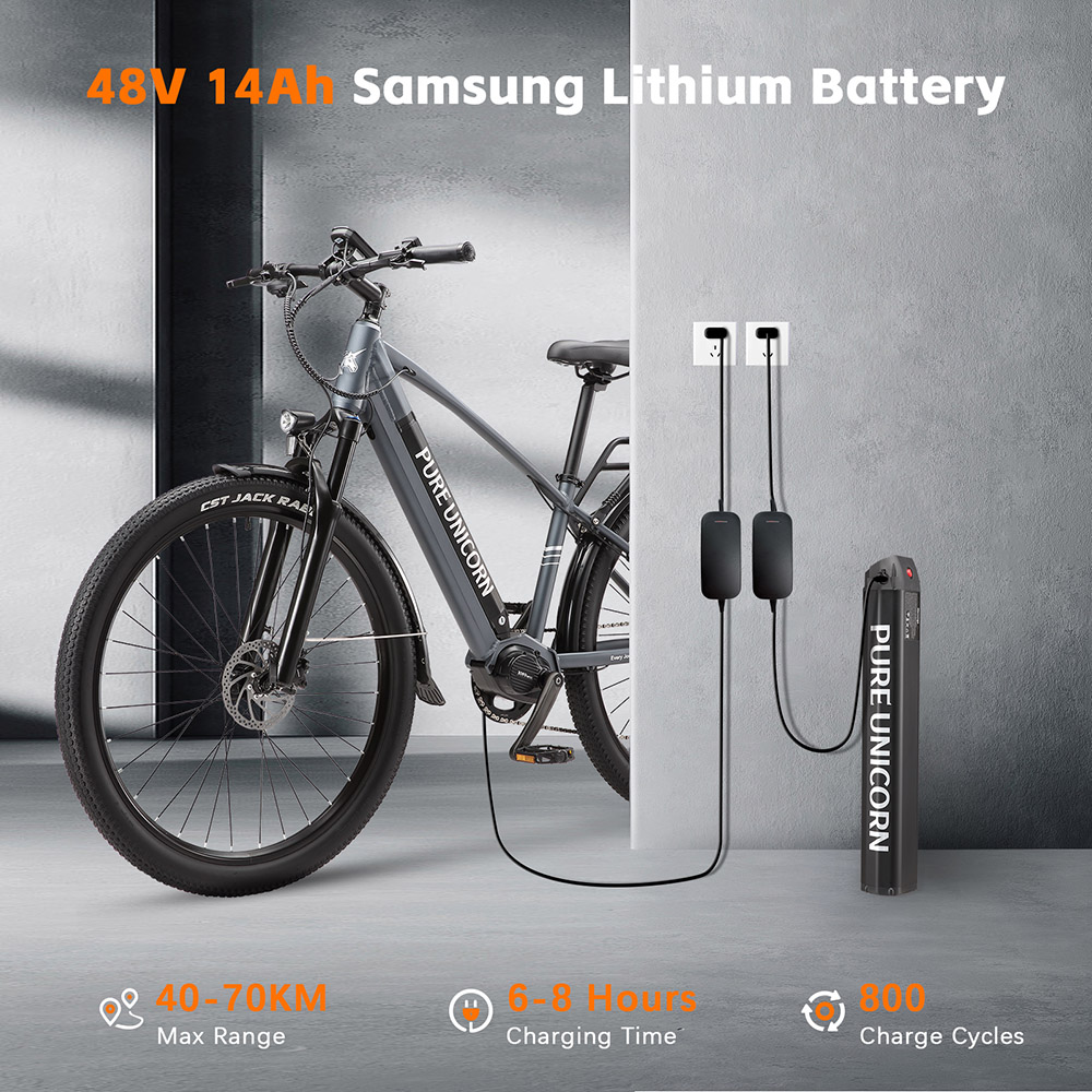 Elektrobicykel PURE UNICORN U6, 500W motor, 48V 14Ah batéria, 29-palcové pneumatiky, max. rýchlosť 35 km/h, dojazd 70 km, duálne hydraulické brzdy, predné vzduchové odpruženie, LCD displej, 9-stupňová prevodovka - sivá