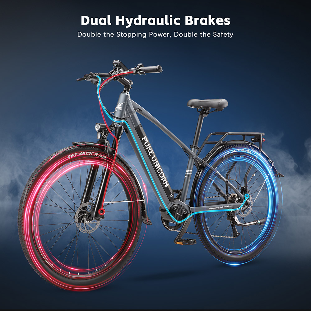 Elektrobicykel PURE UNICORN U6, 500W motor, 48V 14Ah batéria, 29-palcové pneumatiky, max. rýchlosť 35 km/h, dojazd 70 km, duálne hydraulické brzdy, predné vzduchové odpruženie, LCD displej, 9-stupňová prevodovka - sivá