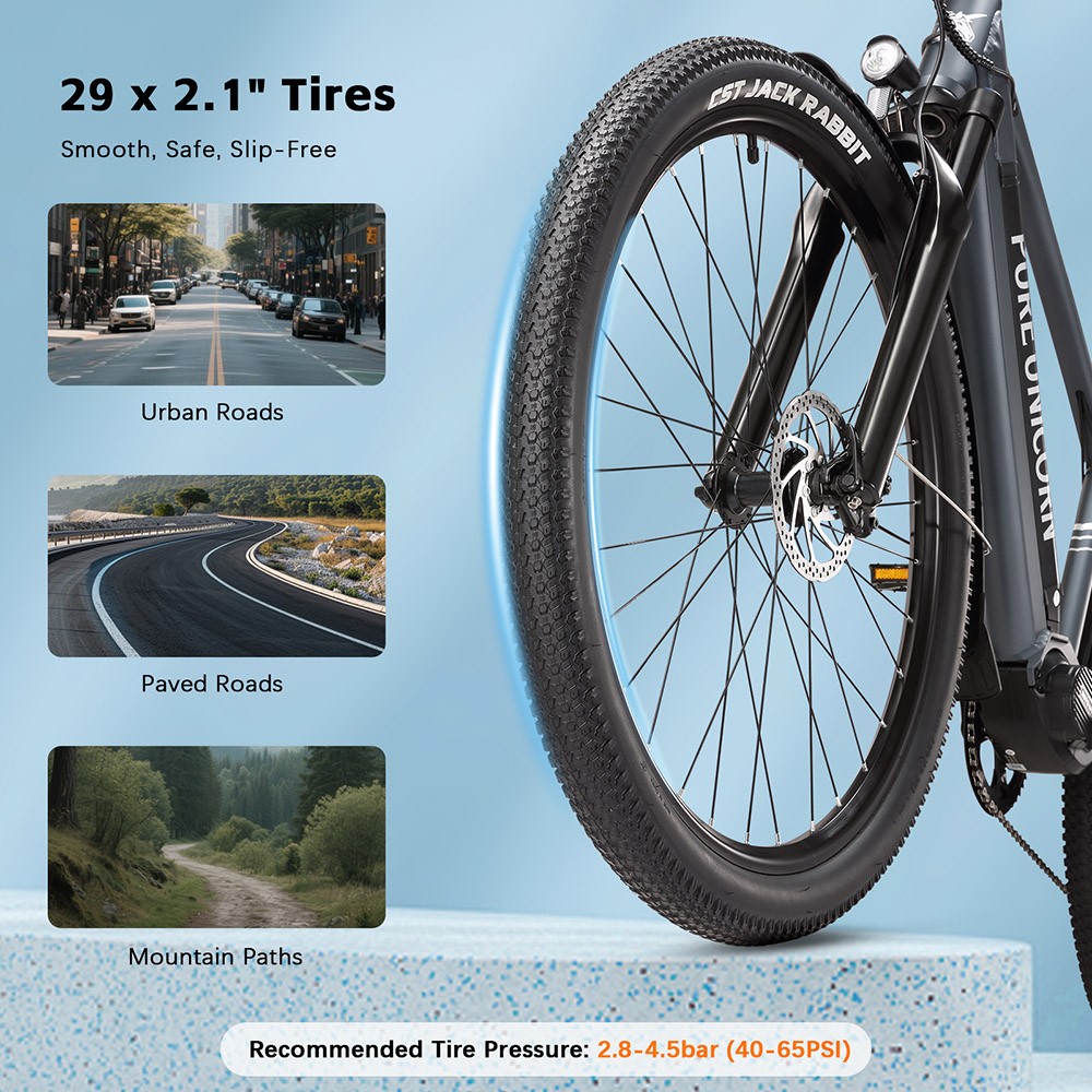 Elektrobicykel PURE UNICORN U6, 500W motor, 48V 14Ah batéria, 29-palcové pneumatiky, max. rýchlosť 35 km/h, dojazd 70 km, duálne hydraulické brzdy, predné vzduchové odpruženie, LCD displej, 9-stupňová prevodovka - sivá